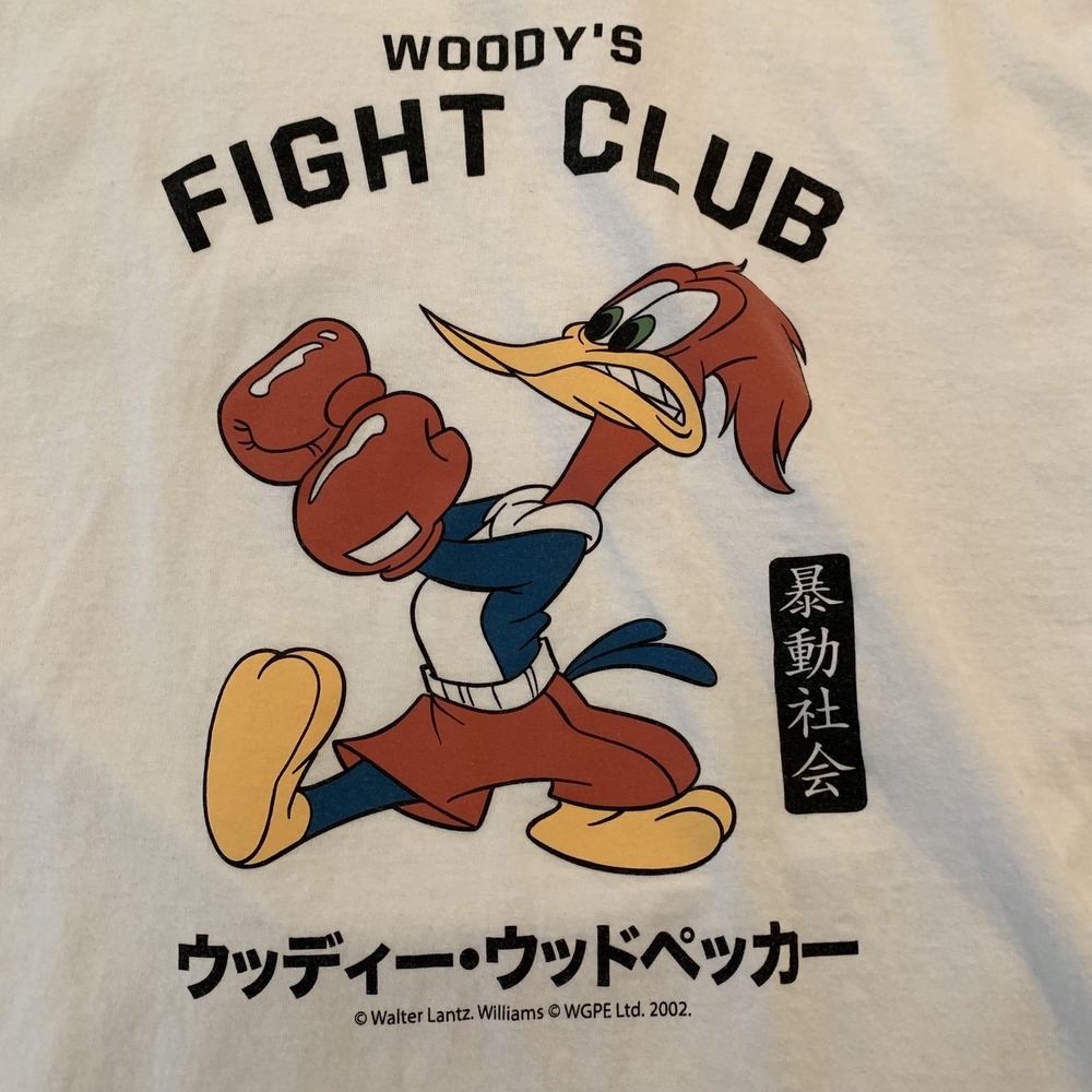 Riot Society Shirt Mens Large White Woody Woodpecker Fight Tee T-Shirt Japanese
